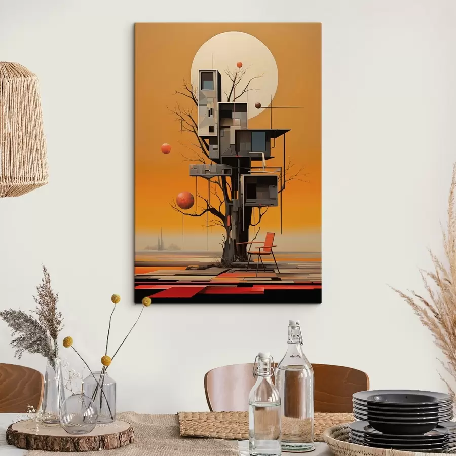  Peintures Cabane surréaliste dans les arbres sur fond orange s46526