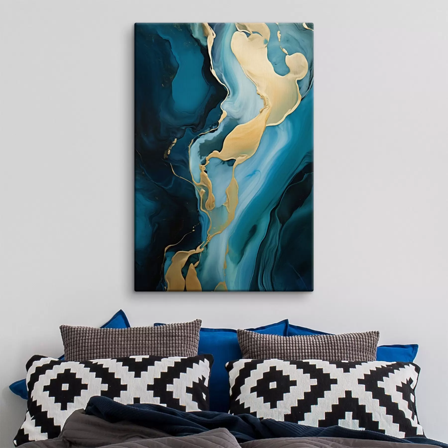  Schilderijen Tealblauw abstract met een stroom oker s46530