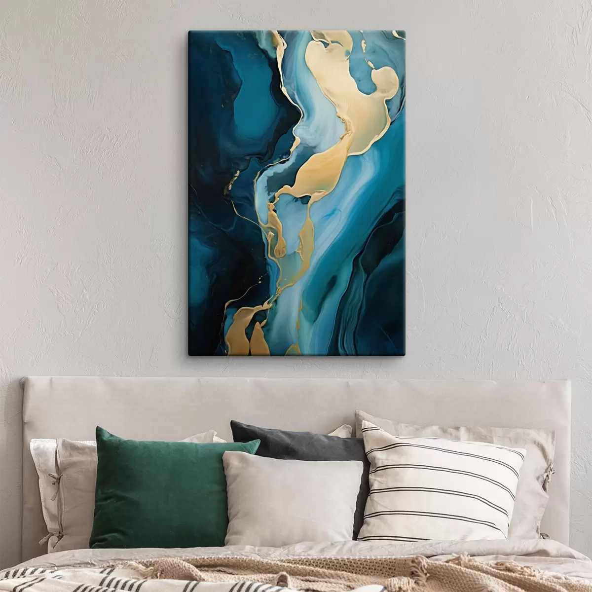  Peintures Abstrait bleu sarcelle avec un trait ocre s46530