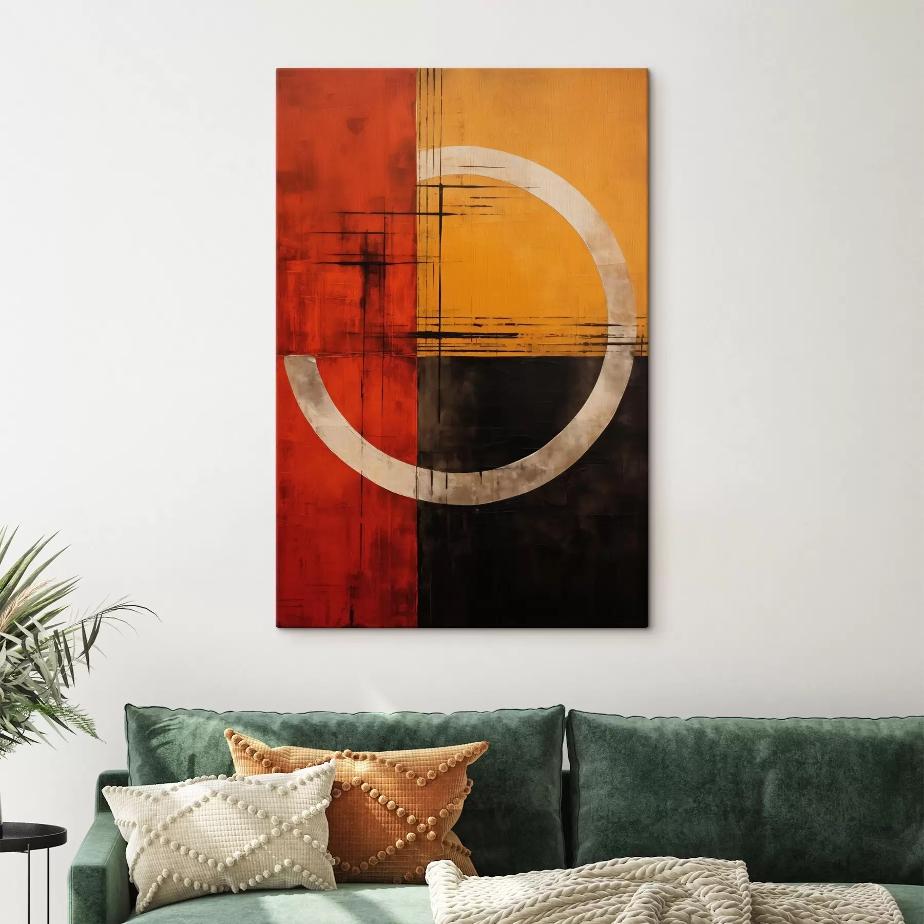  Peintures Cercle abstrait sur fond rouge et noir avec des lignes s46535