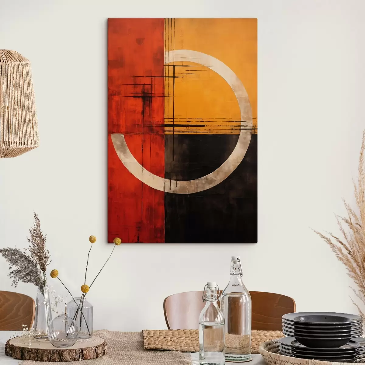  Schilderijen Abstracte cirkel op een rood-zwarte achtergrond met lijnen s46535