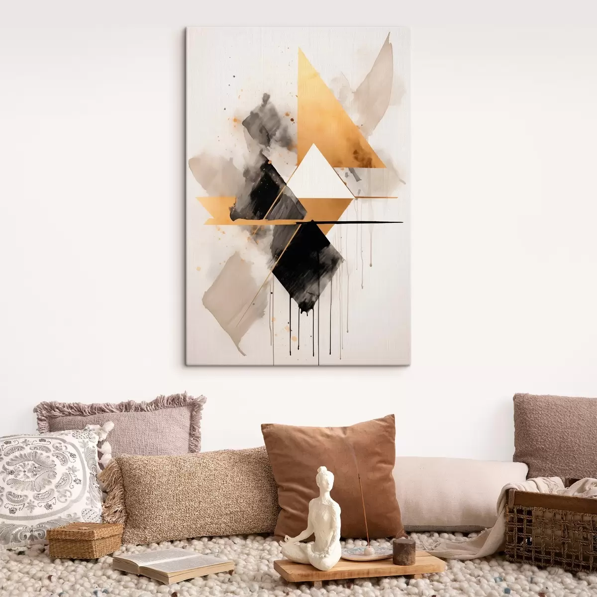  Peintures Géométrie avec des triangles et un losange noir, traits beiges s46539