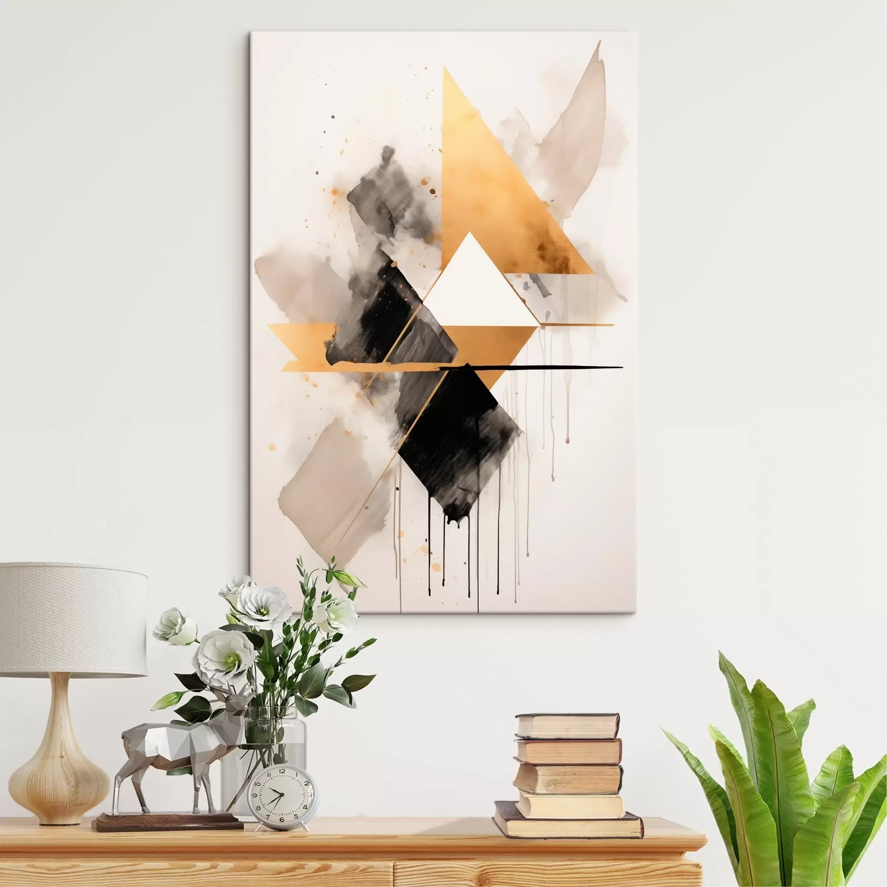  Peintures Géométrie avec des triangles et un losange noir, traits beiges s46539