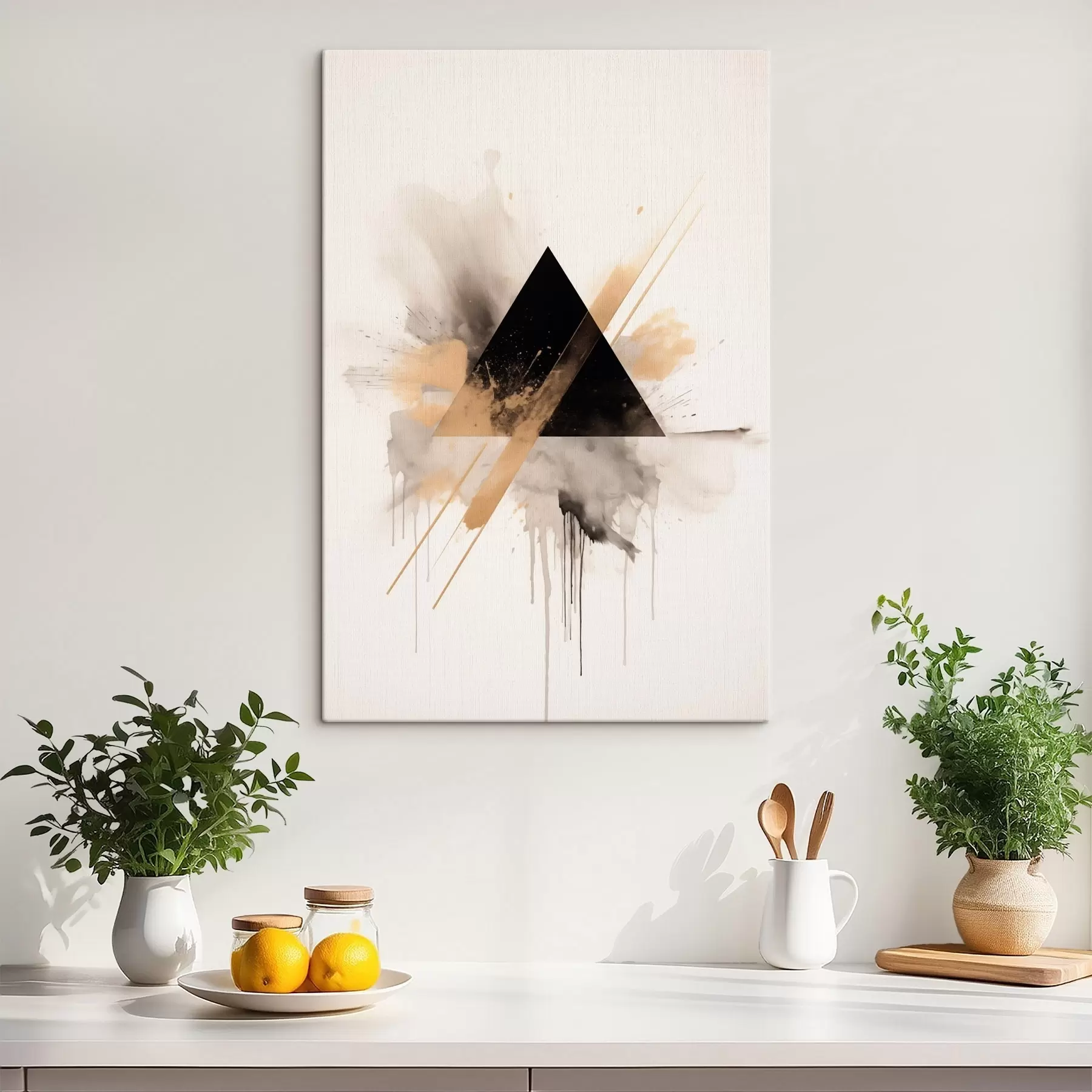 Schilderijen Geometrie: zwarte driehoek met lichte spatten en lijnen s46540