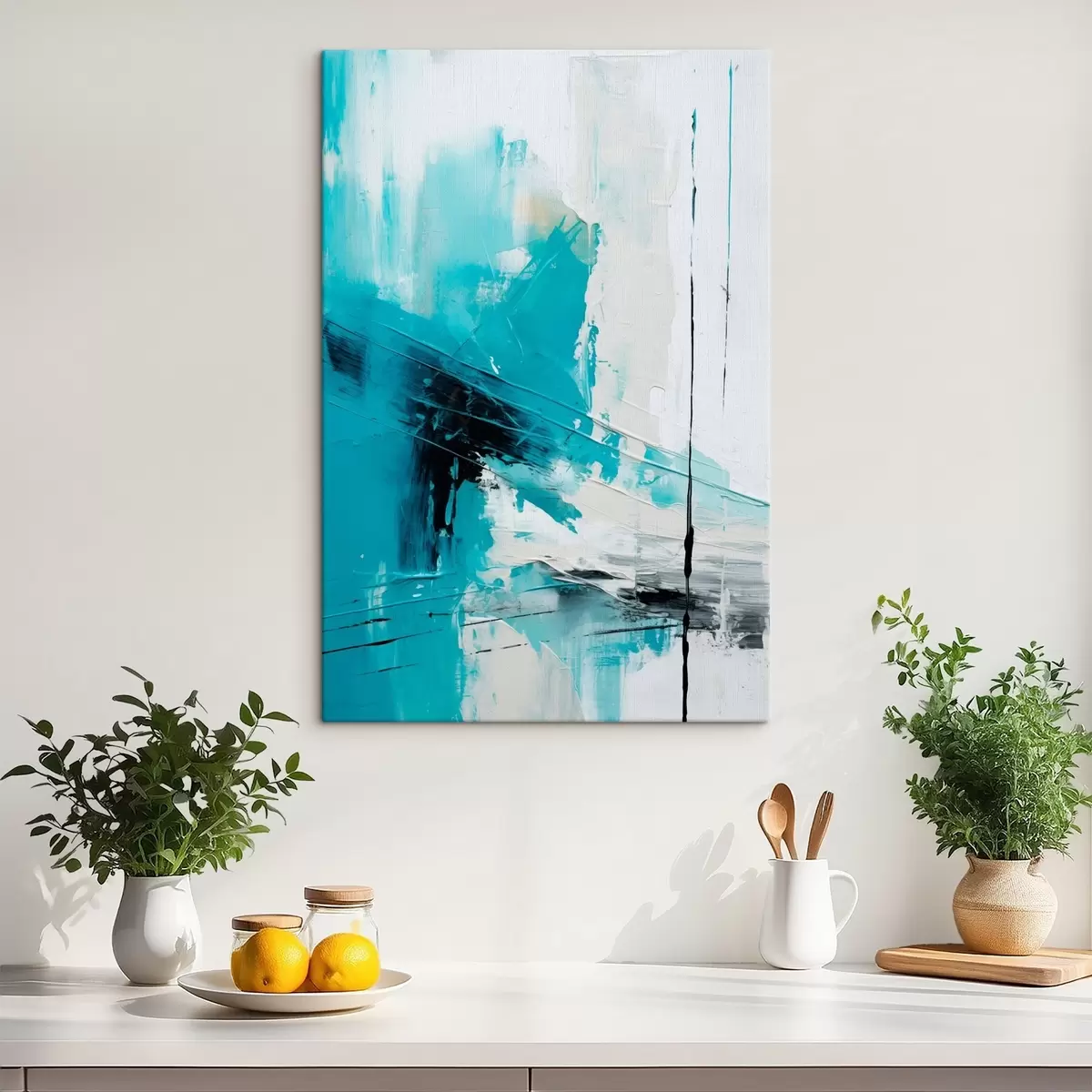  Schilderijen Turquoise strepen op wit met een zwart streepje s46545