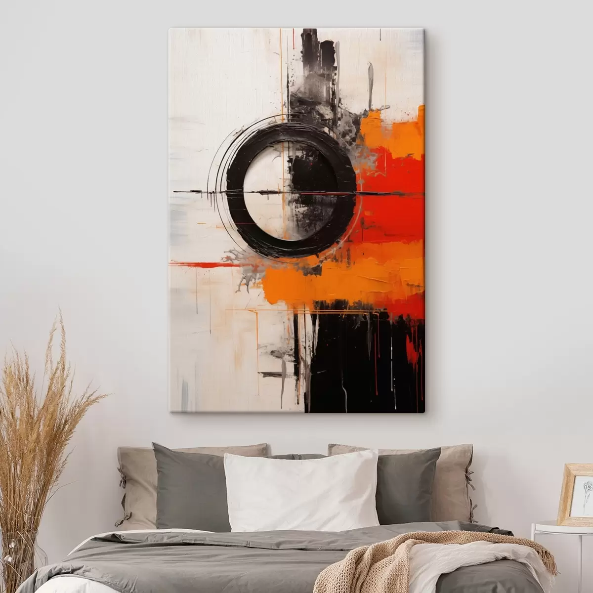  Peintures Cercle noir sur fond blanc, traits et éclaboussures orange s46549