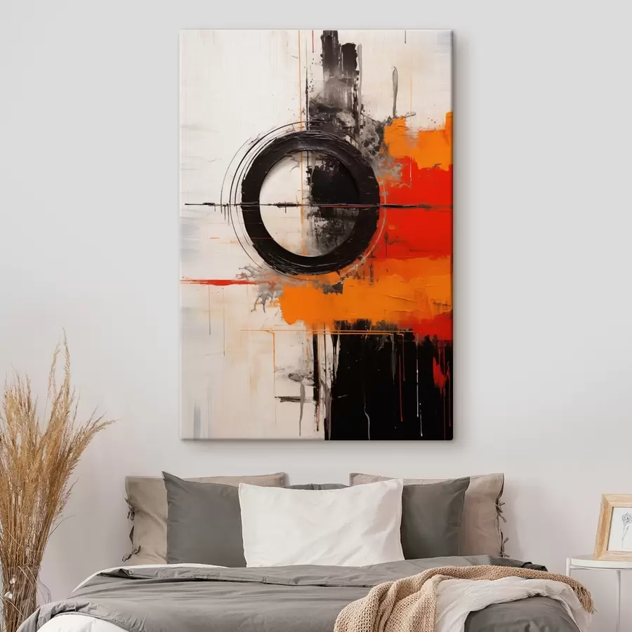  Peintures Cercle noir sur fond blanc, traits et éclaboussures orange s46549