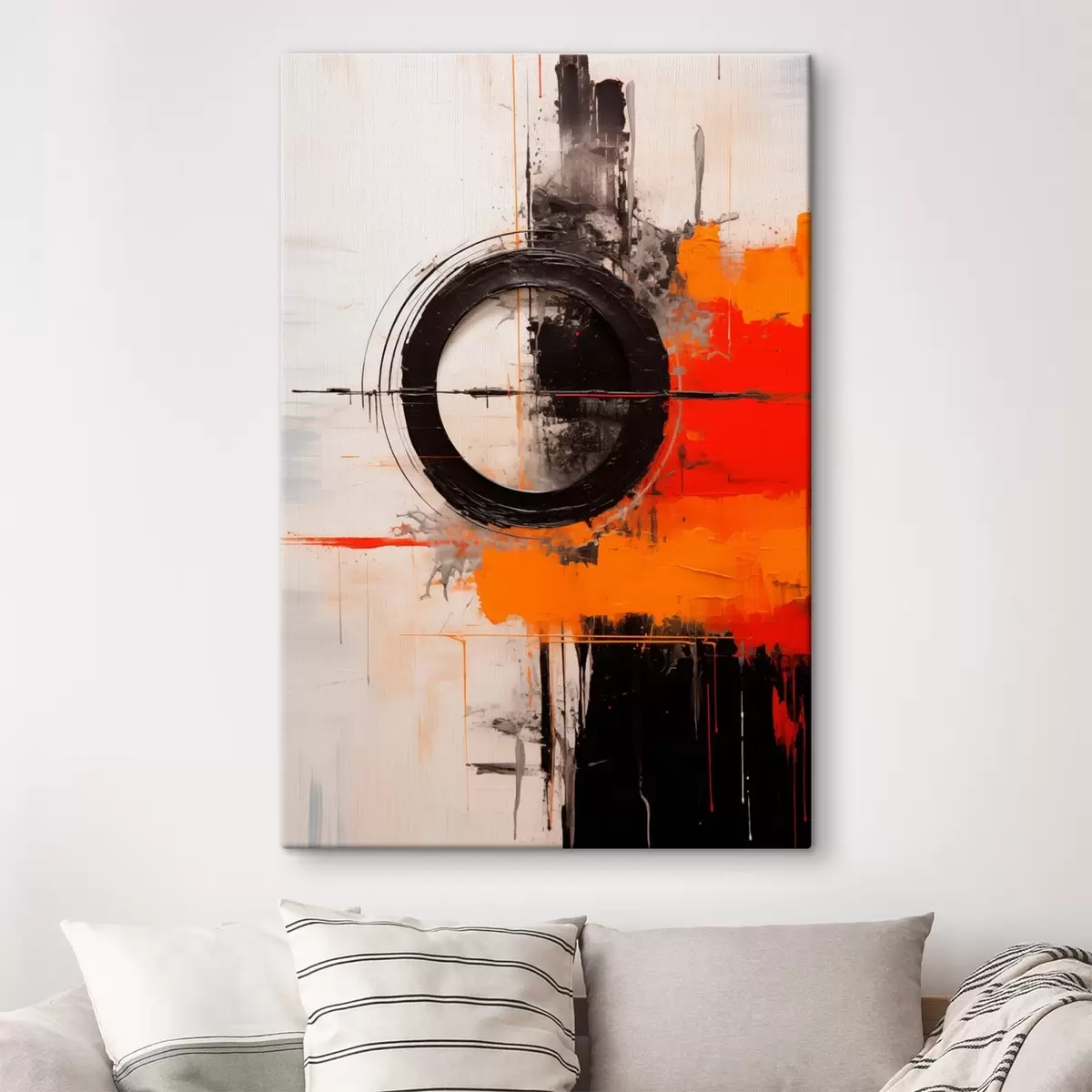  Schilderijen Zwarte cirkel op wit, oranje strepen en spatten s46549