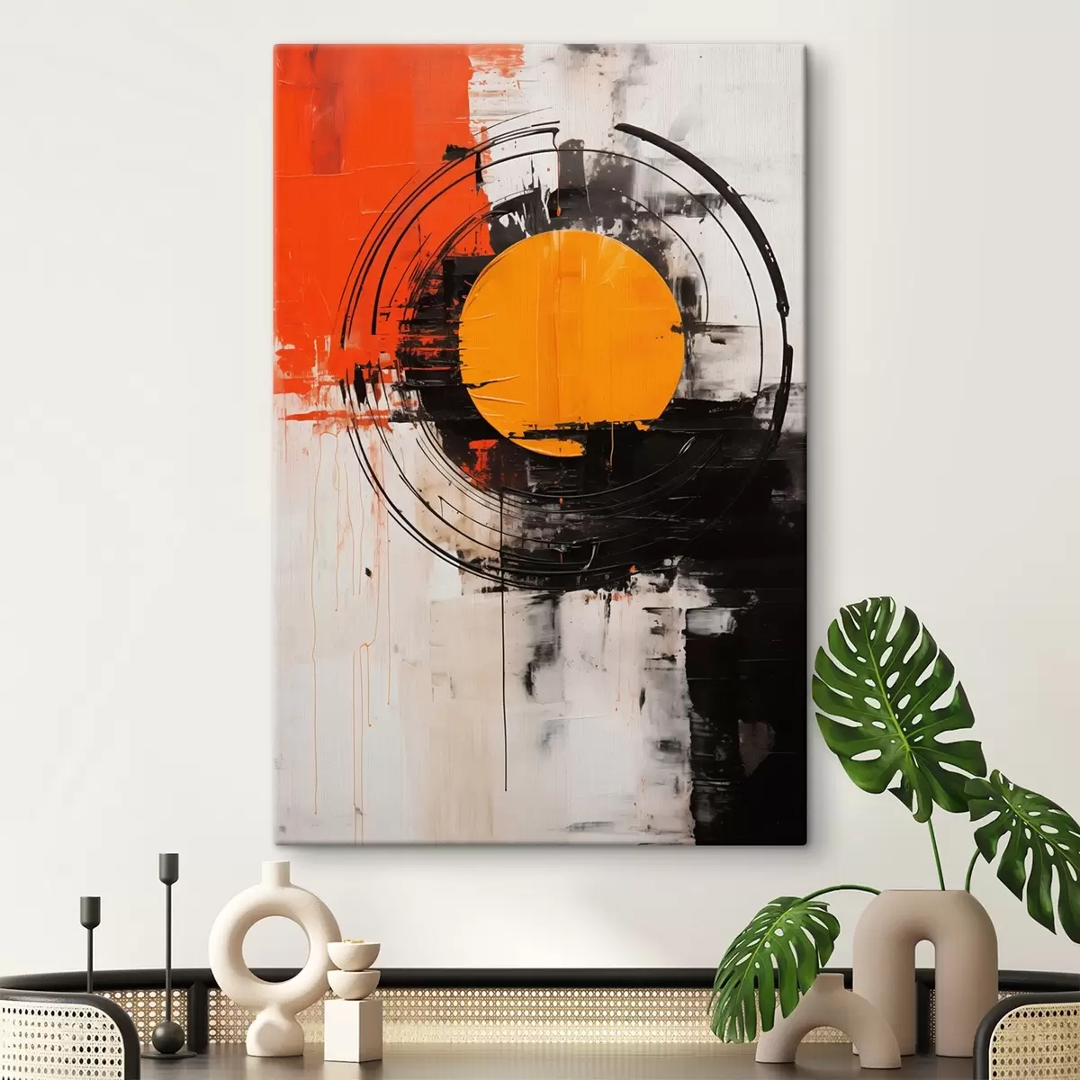  Peintures Disque orange dans un anneau noir, traits et éclaboussures s46550