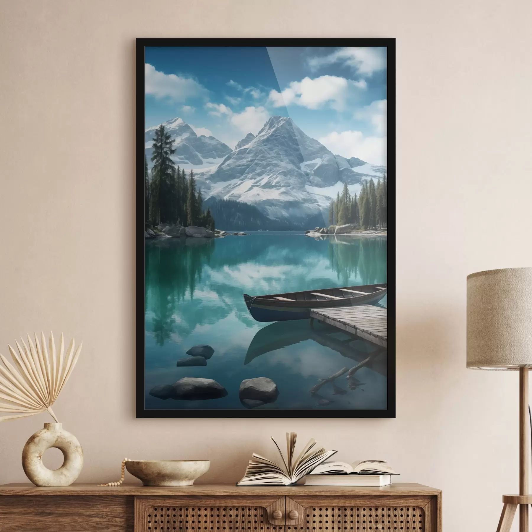 Fotobehang Alpien meer met kano en besneeuwde bergtoppen f46481