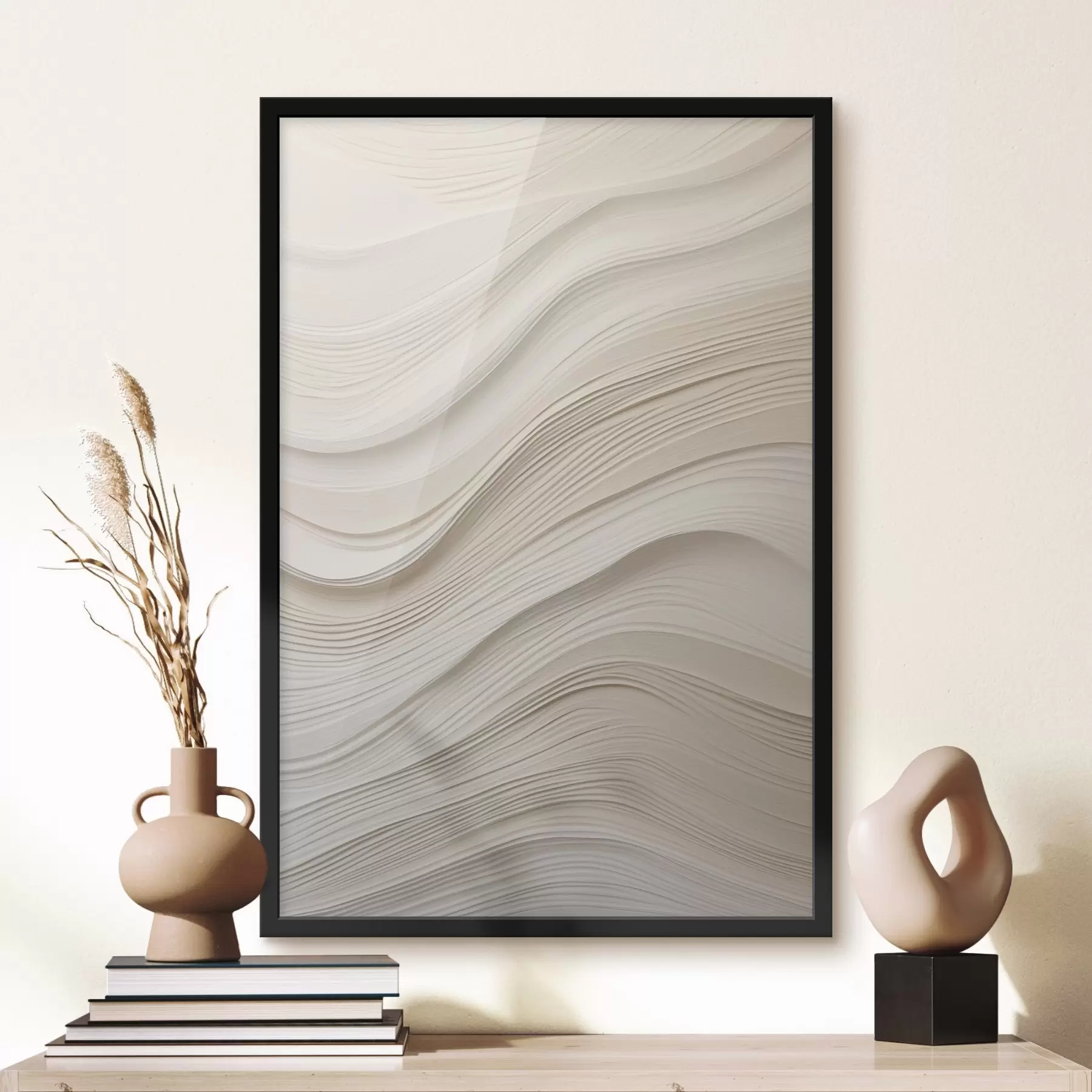 Fotobehang Gelaagde zandkleurige reliëfgolven, zachte textuur f46484