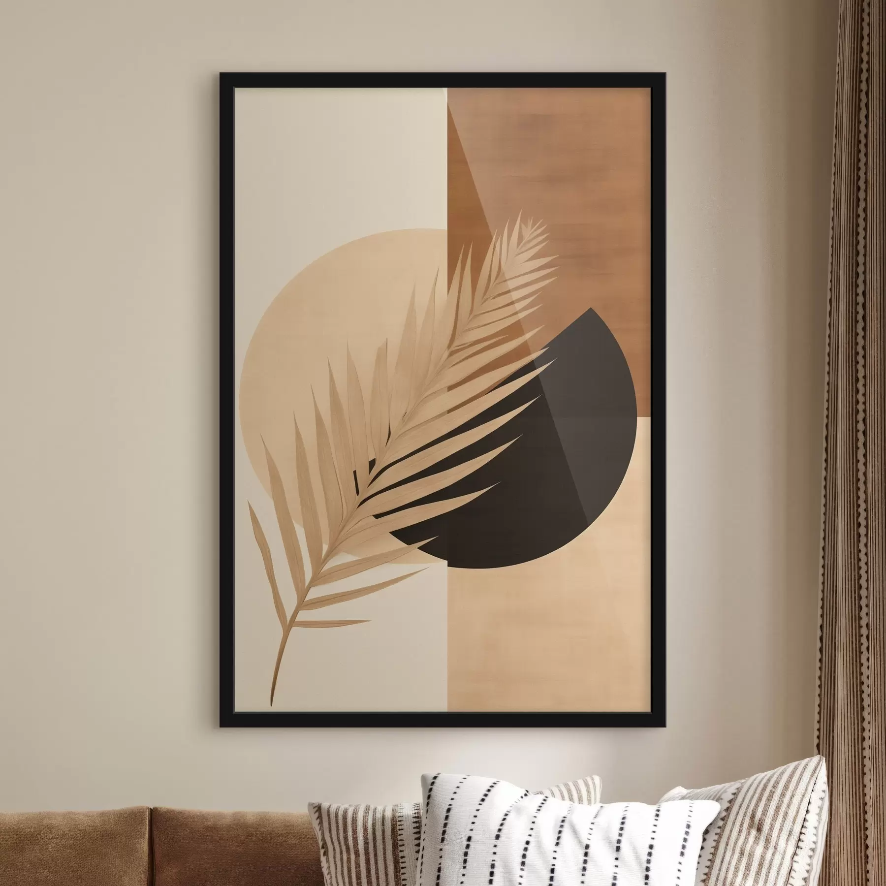 Papier peint photo Feuille de palmier sur géométrie en terre cuite et crème f46490