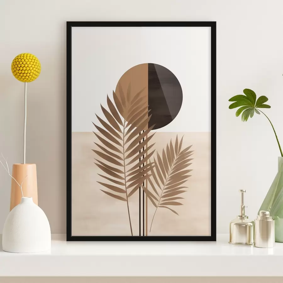 Papier peint photo Deux feuilles de palmier avec motif soleil en cercle divisé f46491