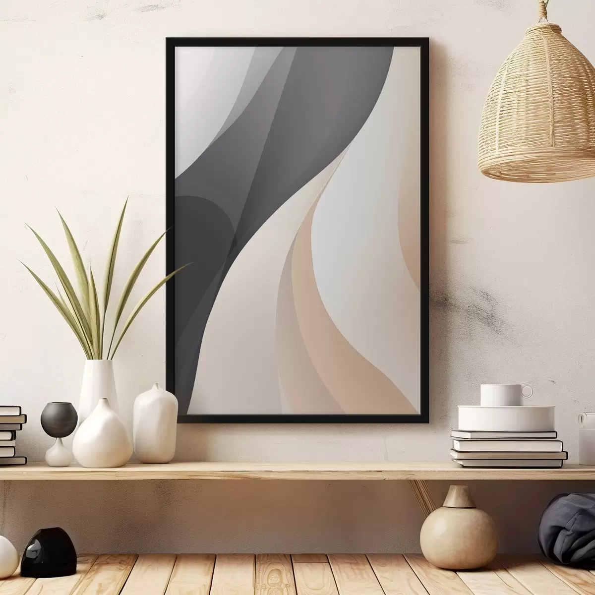 Poster Strakke overlappende rondingen in antraciet, ivoor en zand f46493