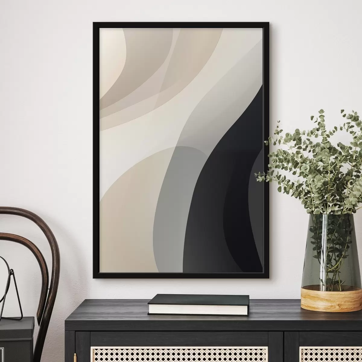 Affiche Formes organiques ondulées dans des tons beige chaud et anthracite f46494