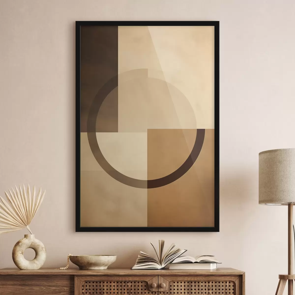 Poster Gedempte vierkanten met doorschijnende ring, warm aardetintenpalet f46498