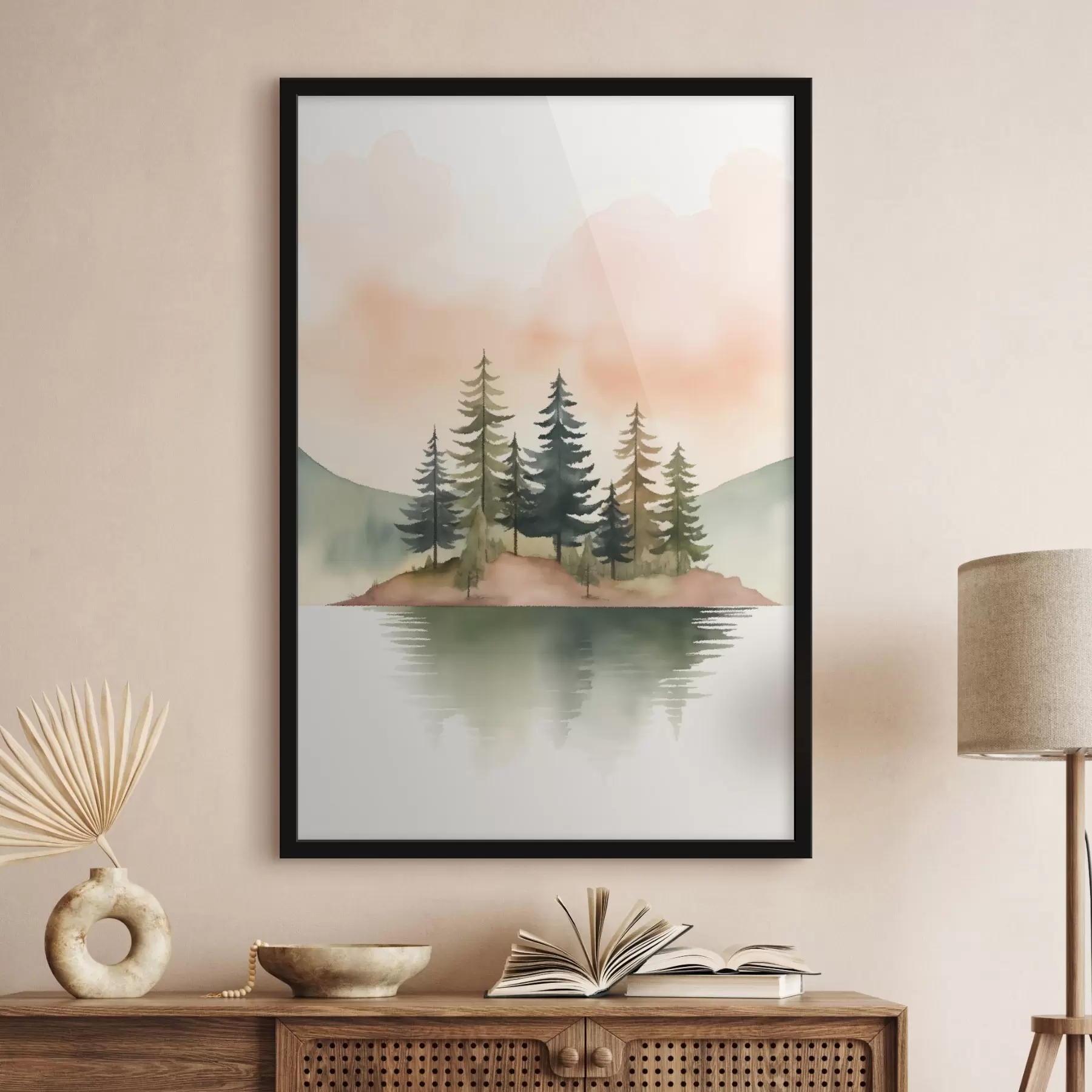 Papier peint photo Pin aquarellé sur un îlot brumeux, ciel couleur pêche tendre f46505