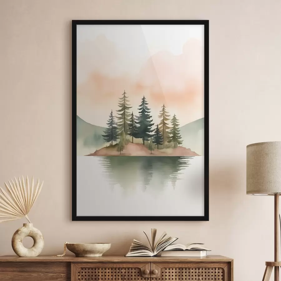 Fotobehang Aquarel dennen op een mistig eilandje, zachte perzikkleurige lucht f46505