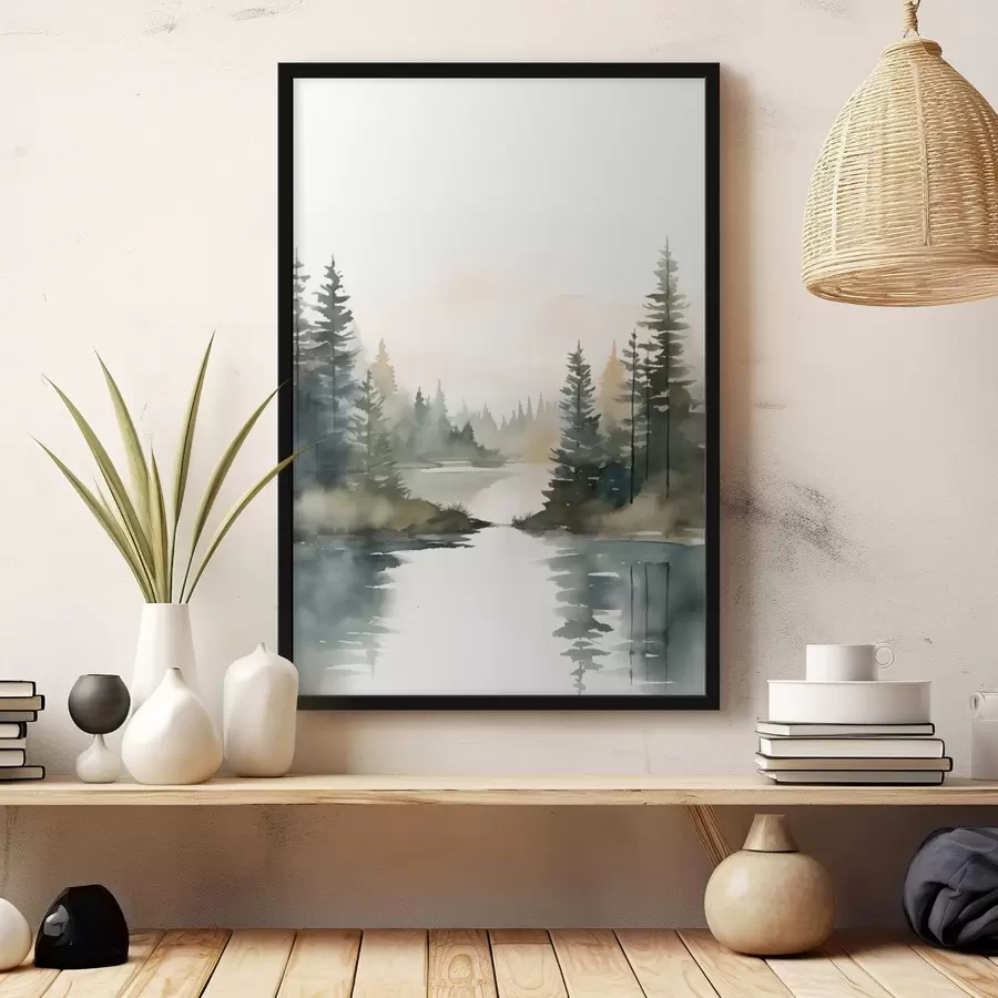 Fotobehang Mistig naaldbos boven een rustige rivier, aquarelstijl f46507