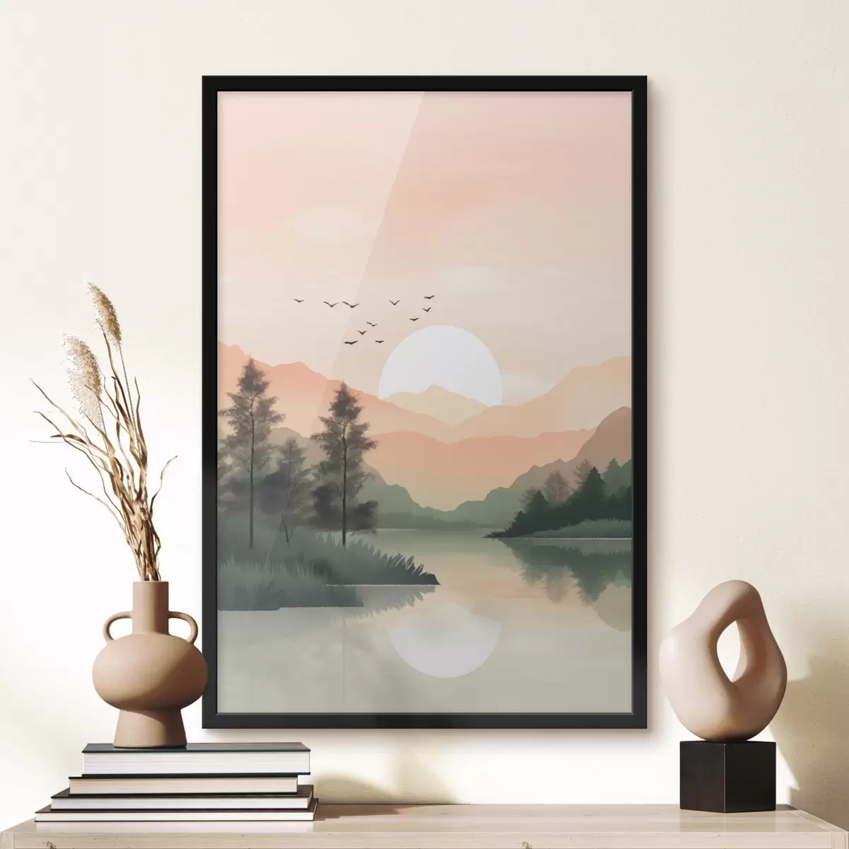 Affiche Coucher de soleil pastel sur un lac tranquille avec des collines lointaines et des oiseaux f46508