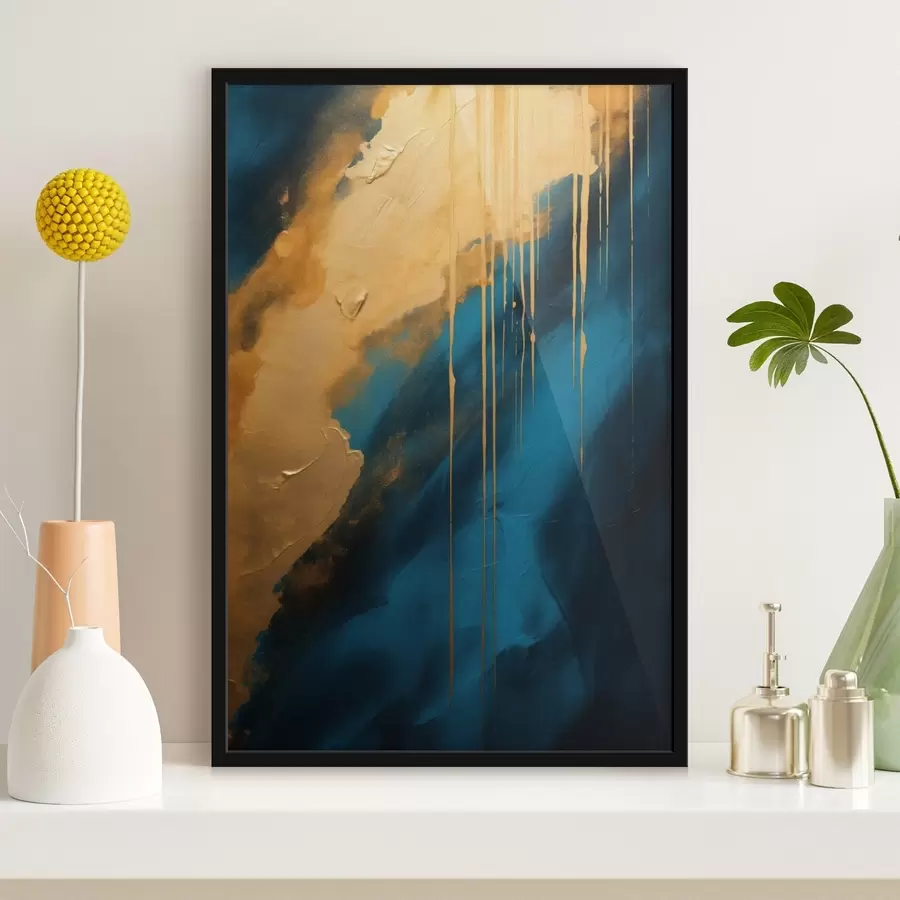 Fotobehang Teal en diepblauw abstract met vloeiende warme accenten f46509