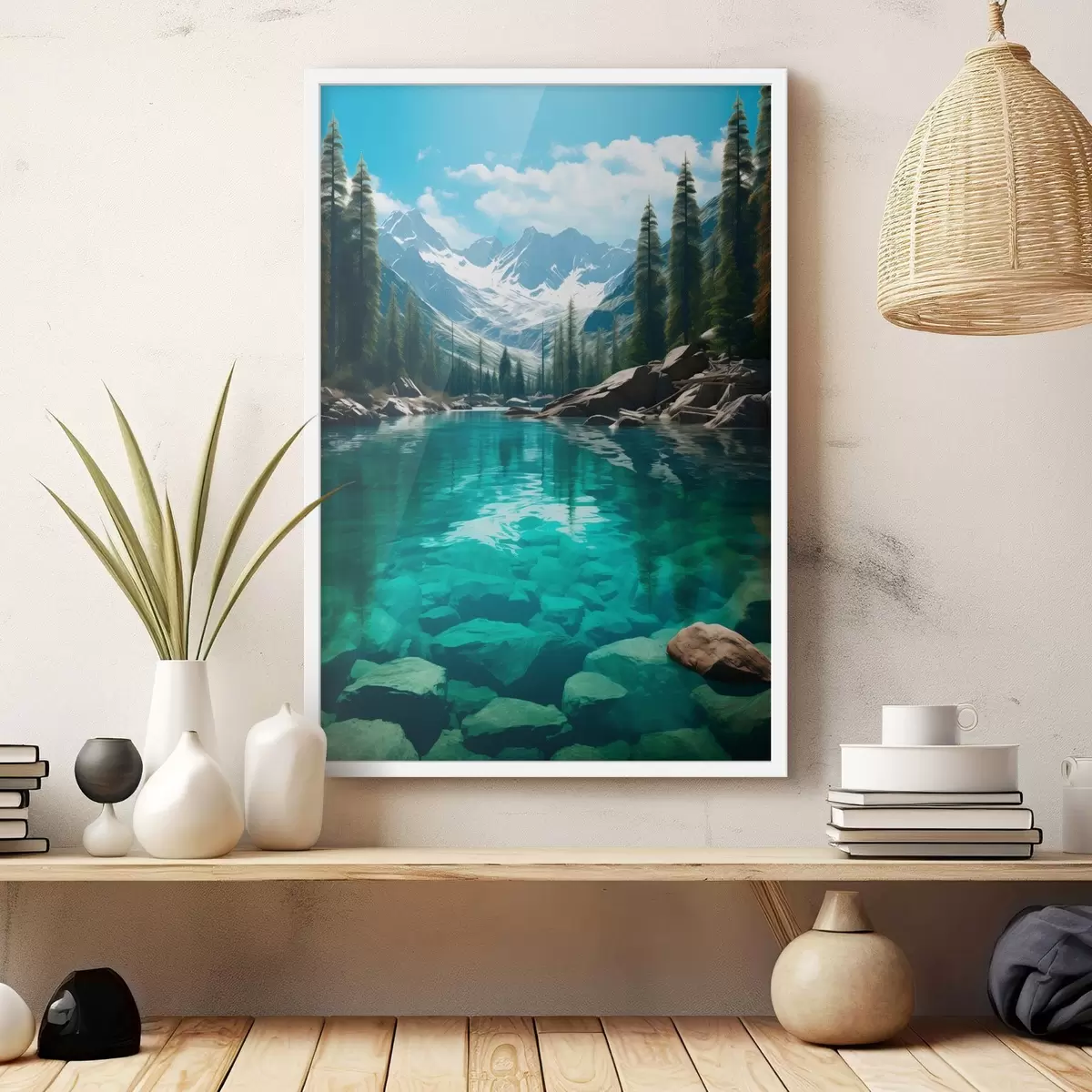 Poster Heldere bergbeek met rotsachtige bodem en besneeuwde bergtoppen f46514