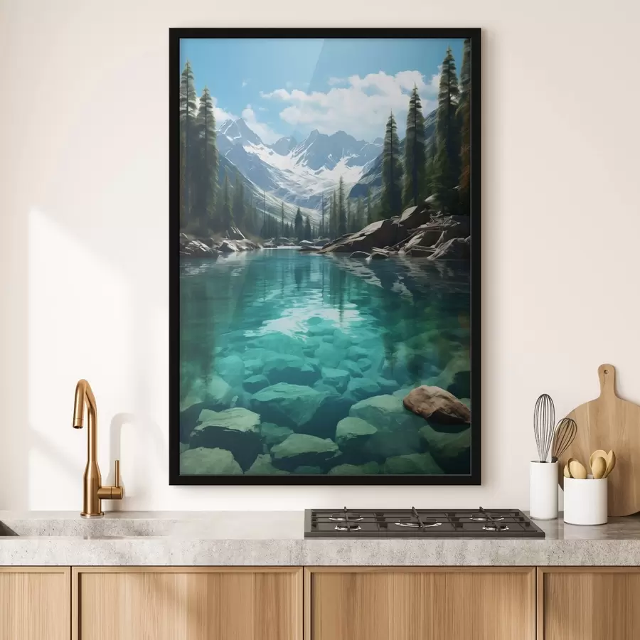 Papier peint photo Rivière alpine limpide avec lit rocheux et sommets enneigés f46514