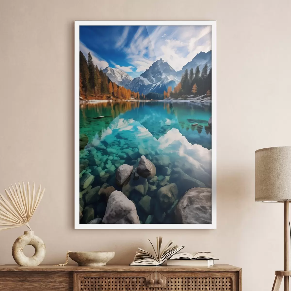 Poster Bergmeer met turquoise water en herfstlariksbomen f46517