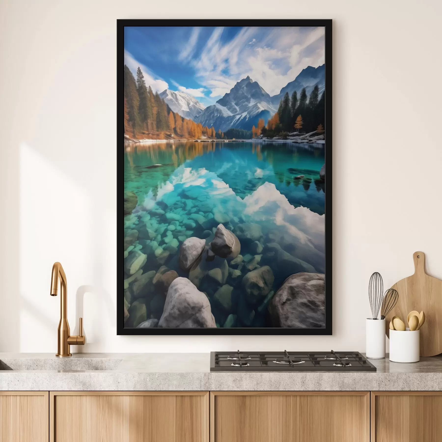 Fotobehang Bergmeer met turquoise water en herfstlariksbomen f46517