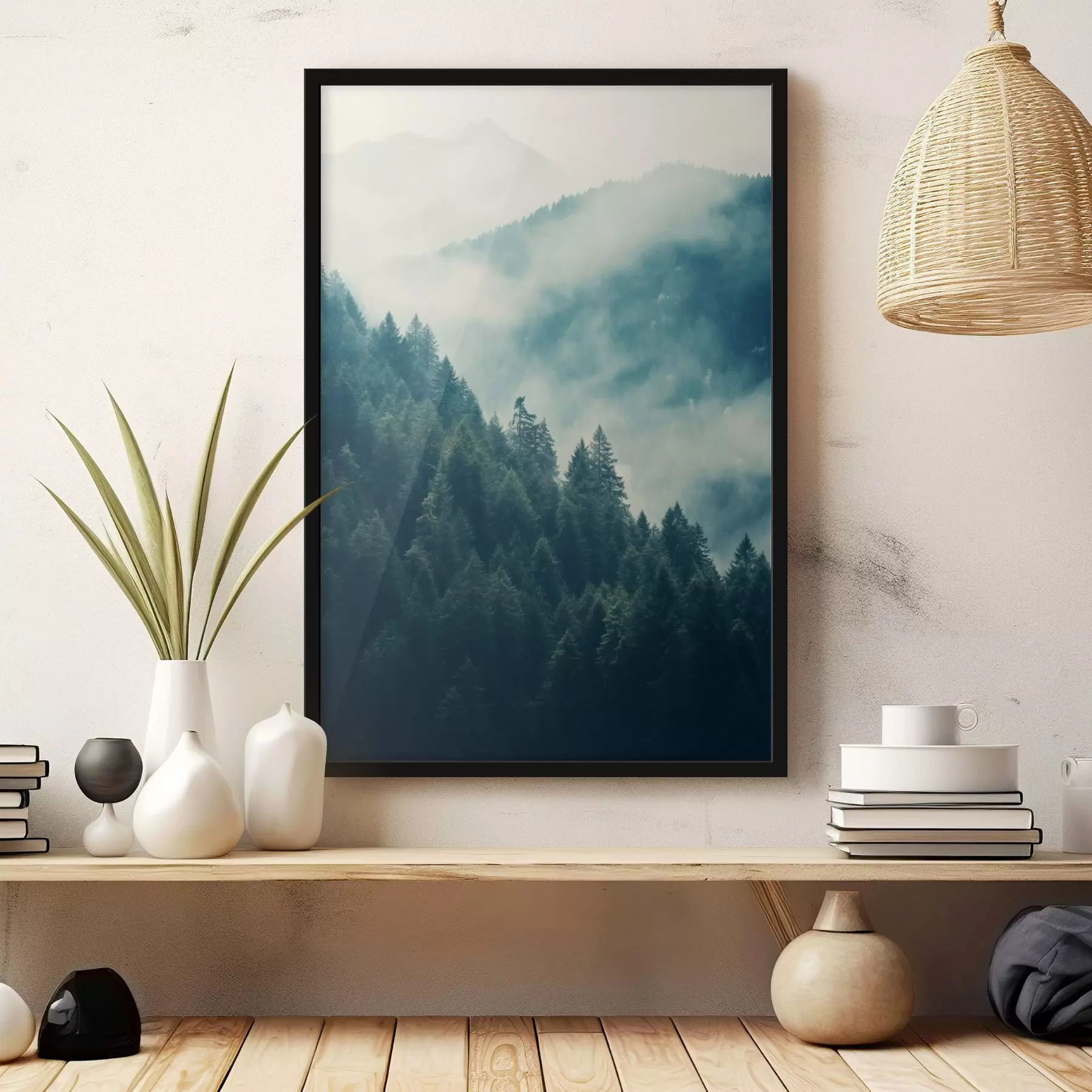 Fotobehang Mistige bergkammen en donkere naaldbossen f46518