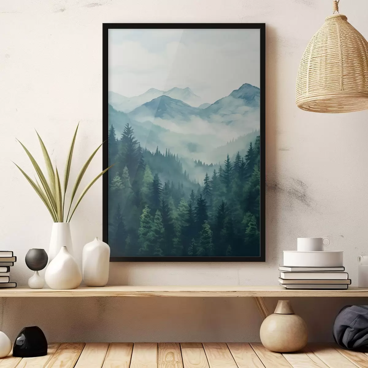 Affiche Montagnes et forêt aquarellées dans la douce brume matinale f46519