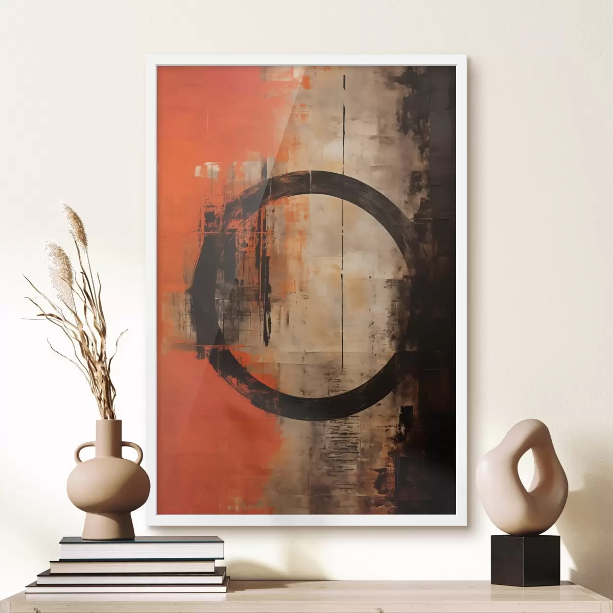 Affiche Résumé avec un grand cercle noir et des textures chaleureuses f46528