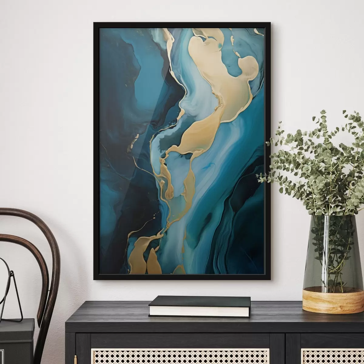 Poster Tealblauw abstract met een stroom oker f46530
