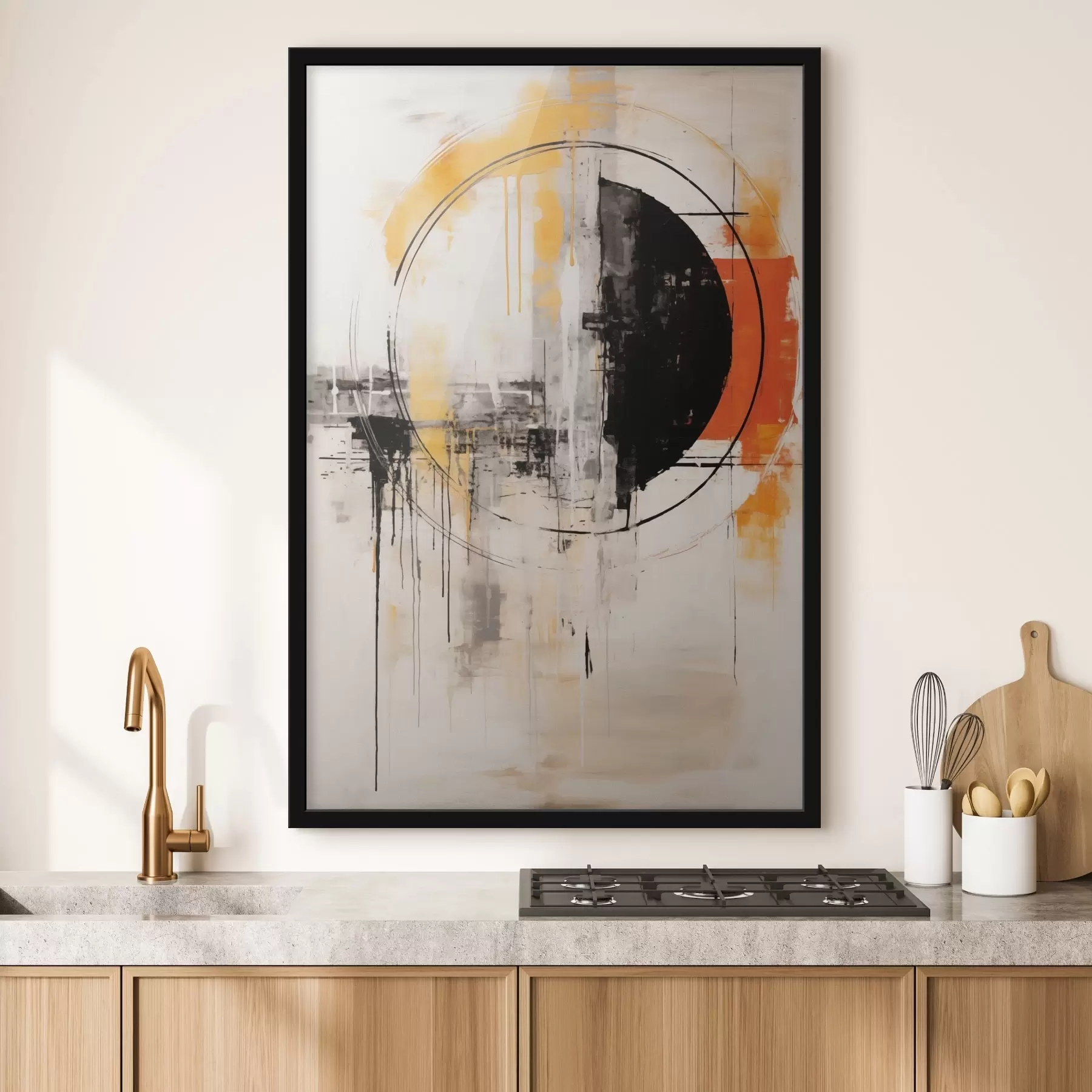 Fotobehang Monochroom oranje cirkel met gestructureerde druppels f46536