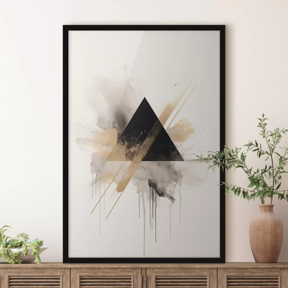 Affiche Géométrie : triangle noir avec des éclaboussures et des lignes claires f46540