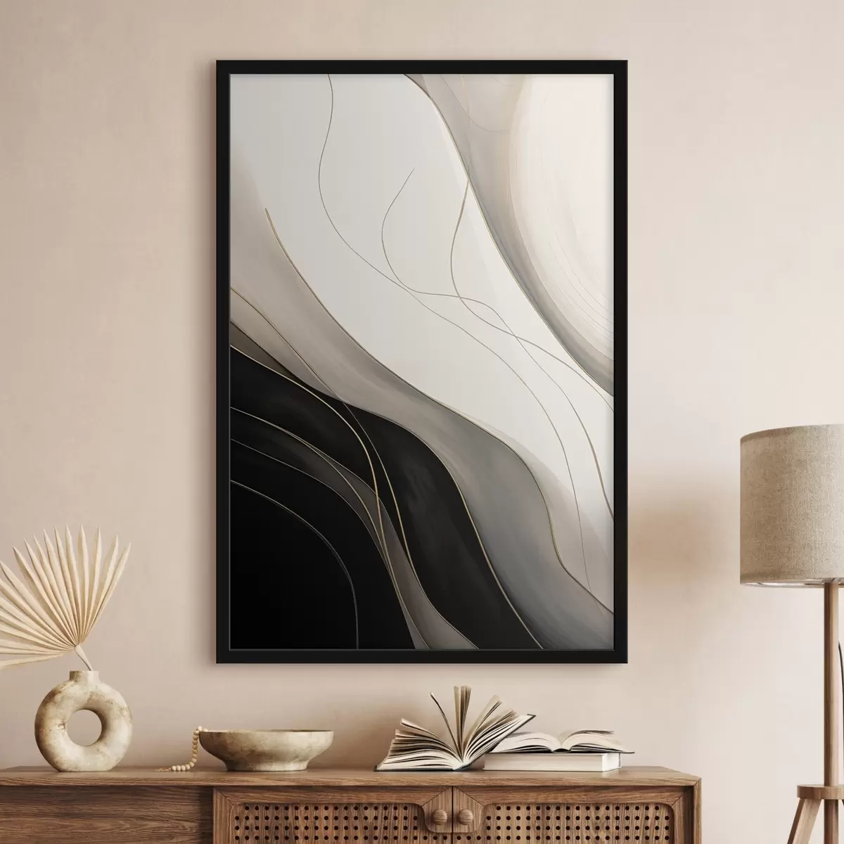 Poster Golven in zwart en beige met fijne okerkleurige lijnen f46541