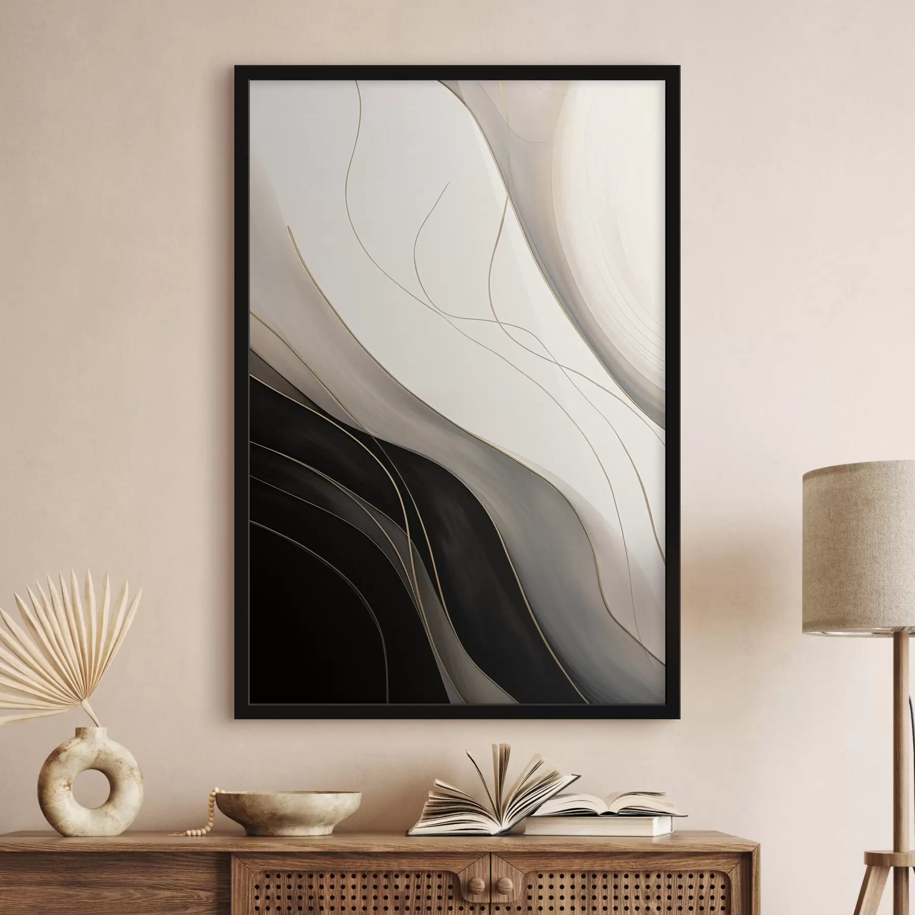 Fotobehang Golven in zwart en beige met fijne okerkleurige lijnen f46541