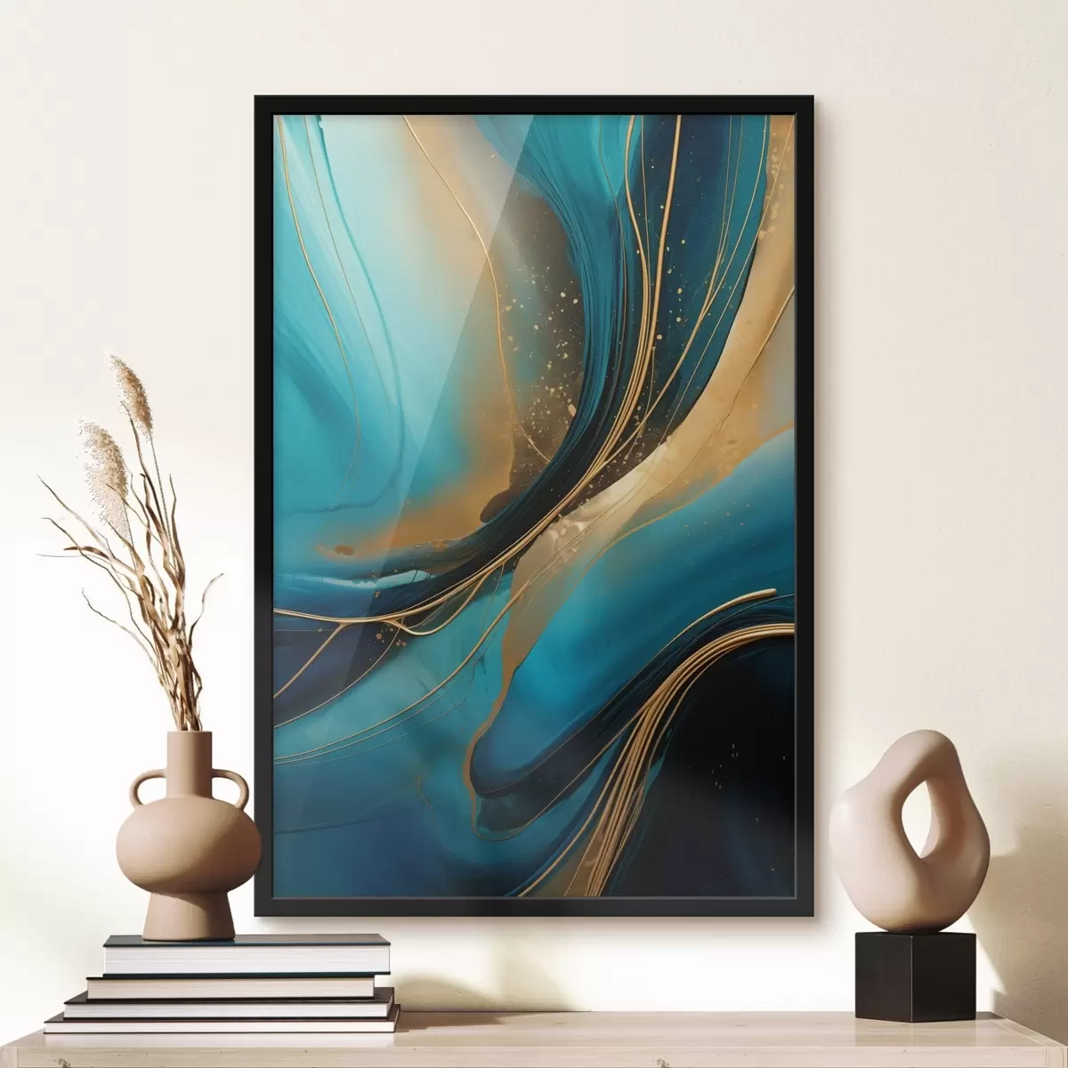 Affiche Flux turquoise avec de fins fils ocre f46543