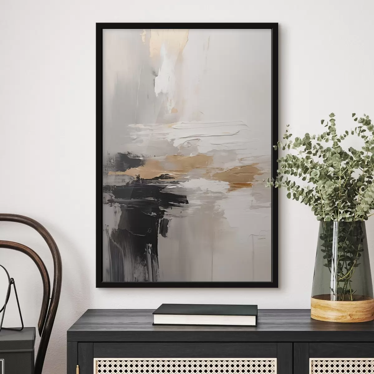 Poster Naaktkleurige streken met contrasterende zwarte en okerkleurige laag f46544