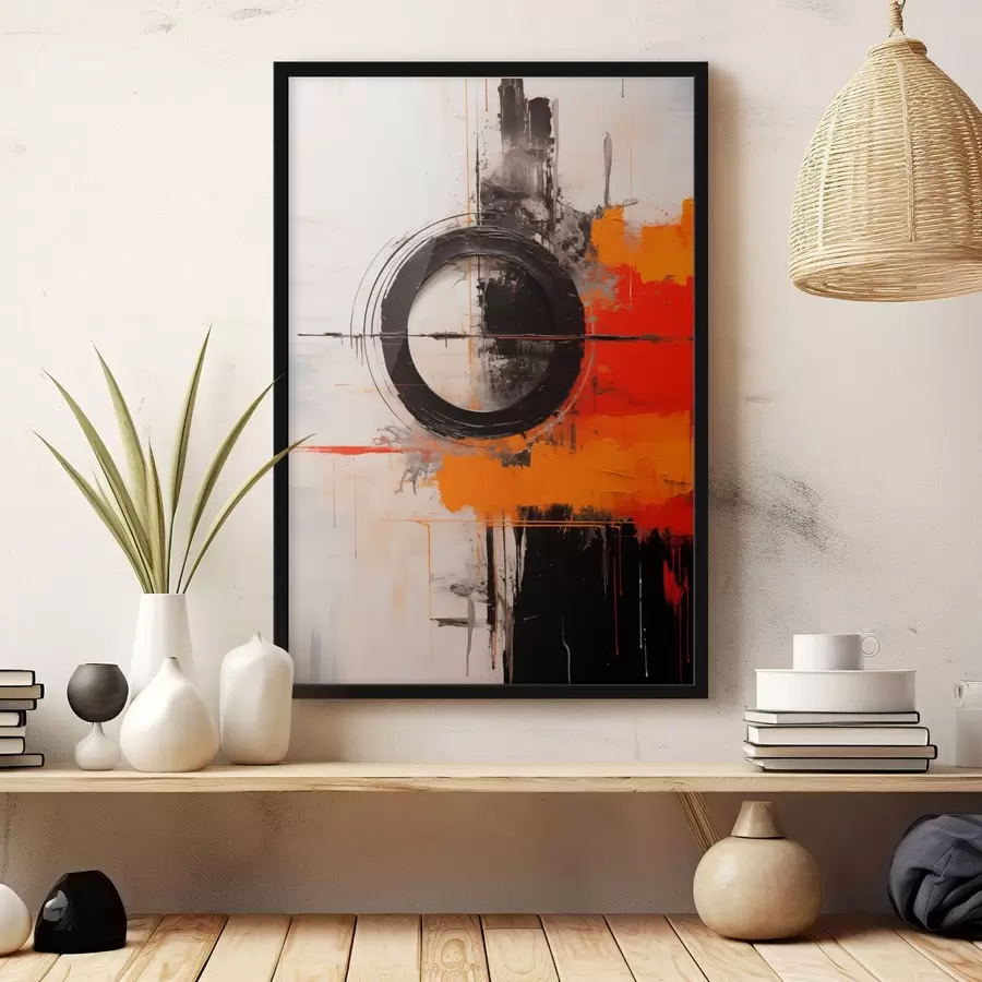 Papier peint photo Cercle noir sur fond blanc, traits et éclaboussures orange f46549