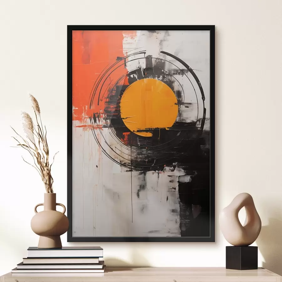 Papier peint photo Disque orange dans un anneau noir, traits et éclaboussures f46550