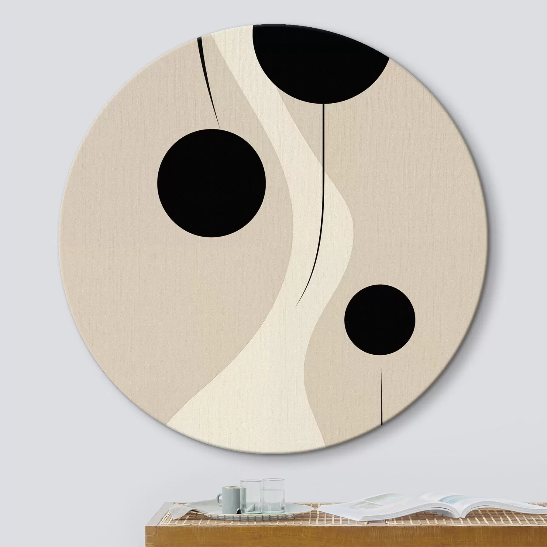  Schilderijen Minimalistische cirkels op beige met vloeiende lijnen r46496