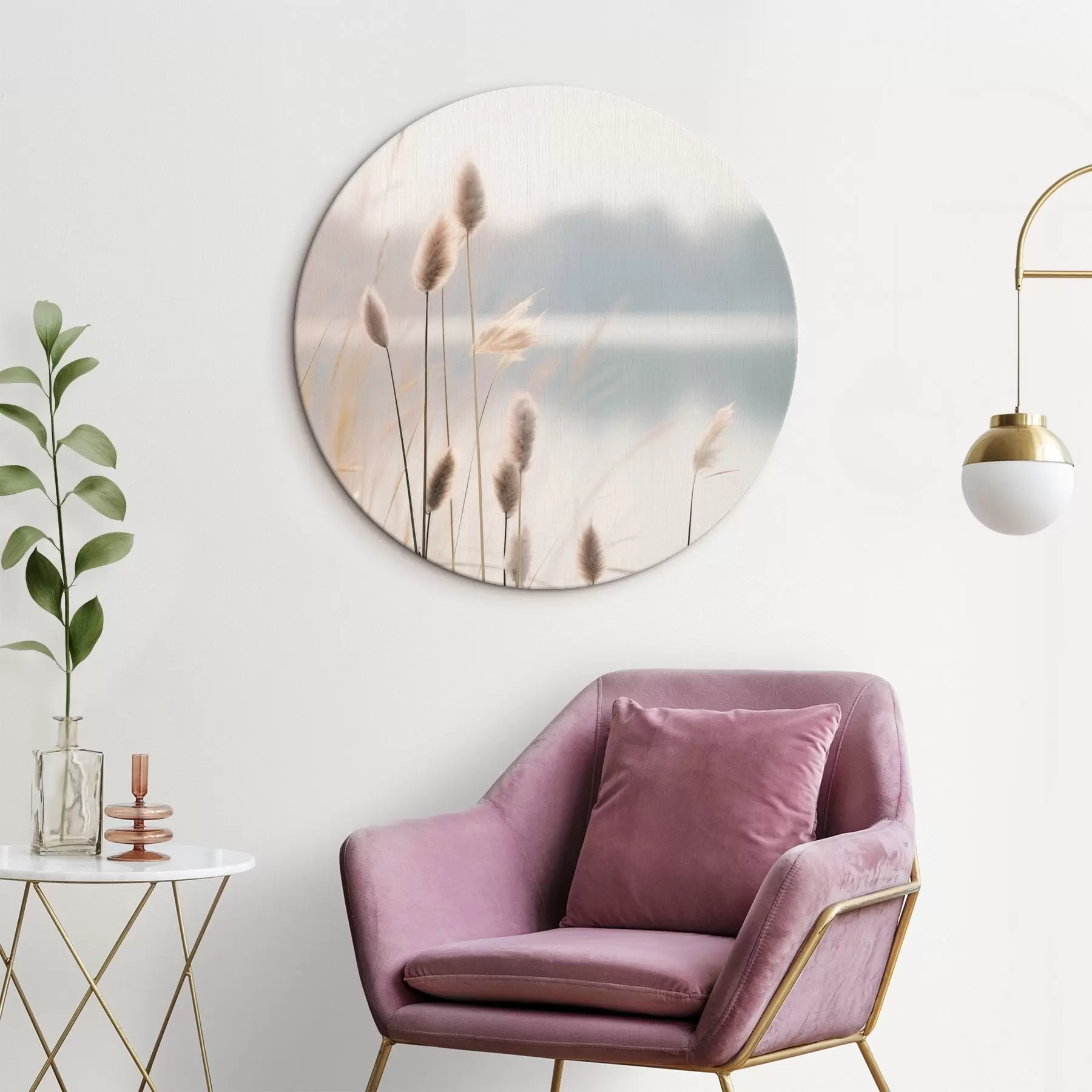  Peintures Roseaux souples au bord d'un lac brumeux, tons beiges pastel r46504