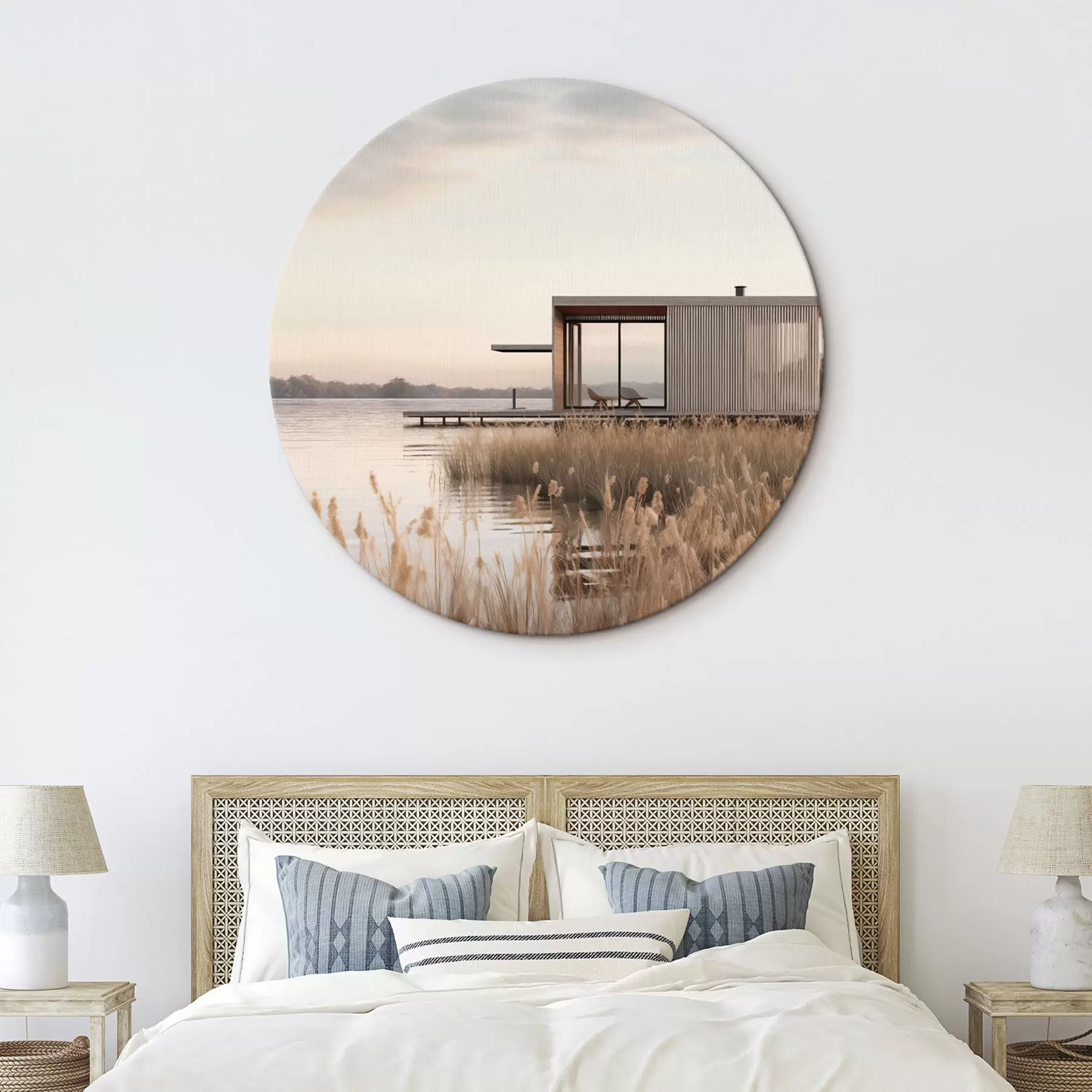  Schilderijen Moderne hut aan het meer tussen het riet in de zachte schemering r46513