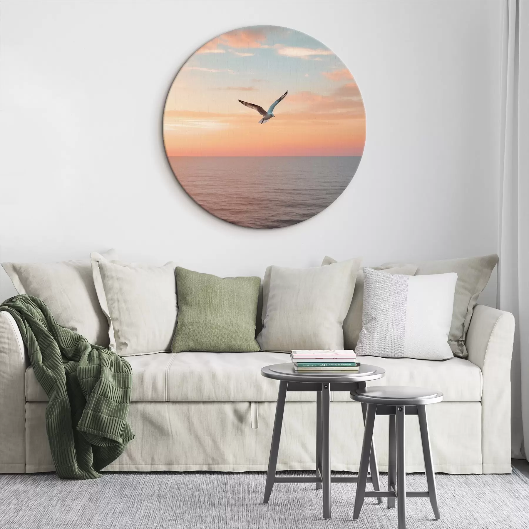  Peintures Mouette au-dessus de la mer, au coucher de soleil rose-pêche r46520