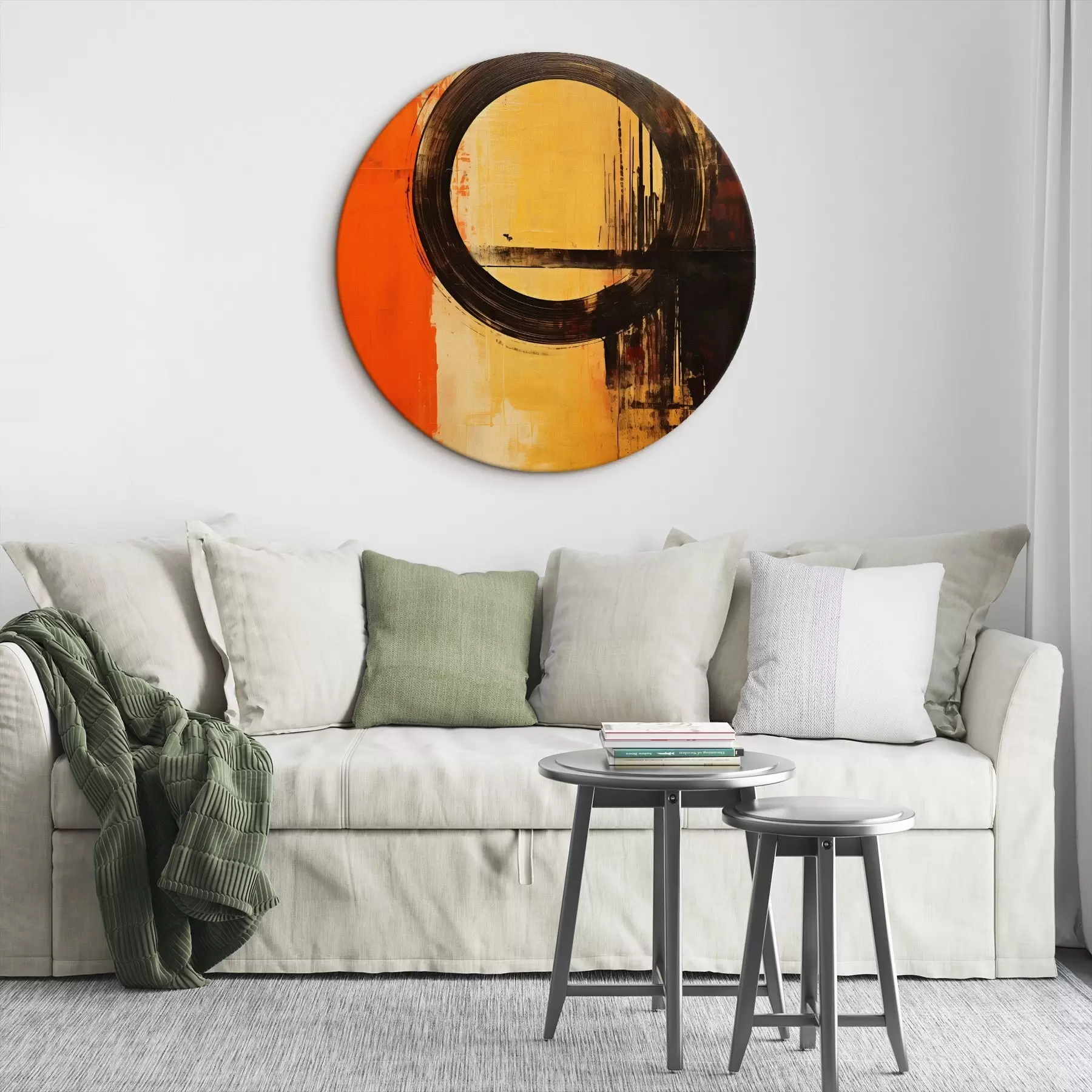  Schilderijen Abstract met een zwarte ring op een terracotta-zandkleurige achtergrond r46529