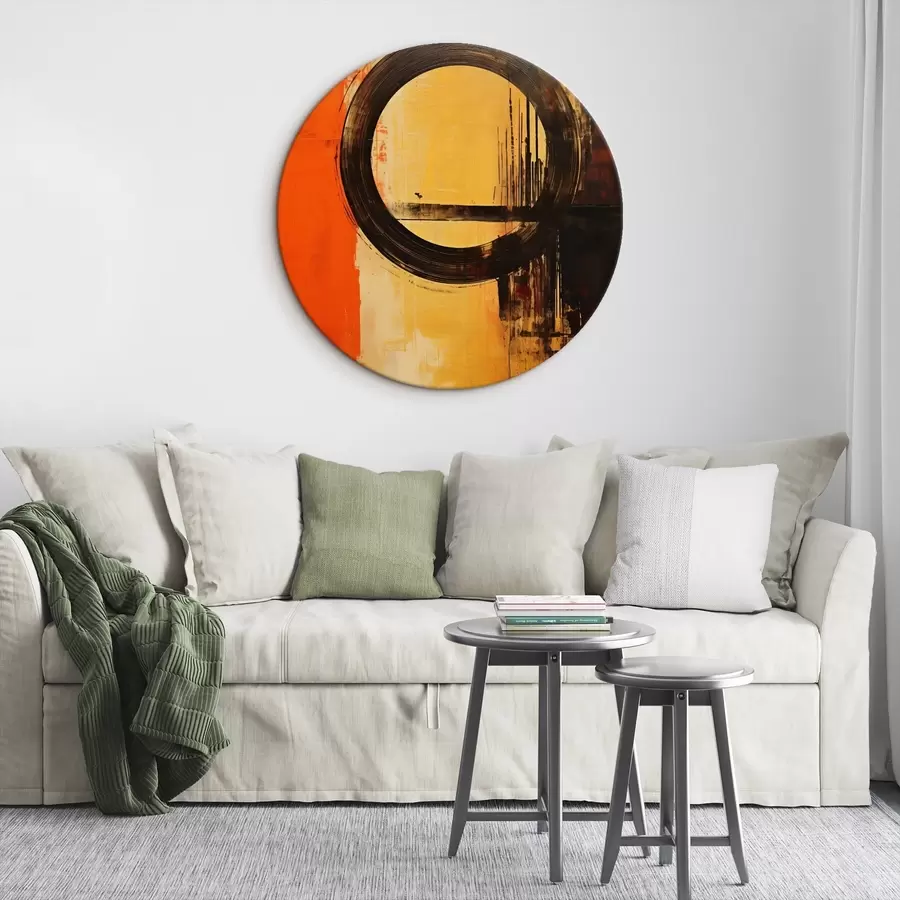  Schilderijen Abstract met een zwarte ring op een terracotta-zandkleurige achtergrond r46529