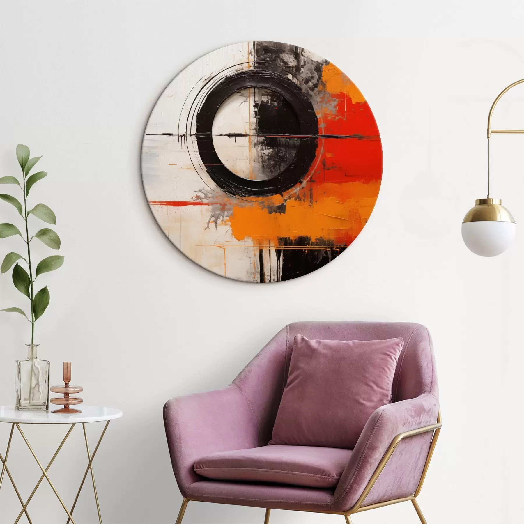  Peintures Cercle noir sur fond blanc, traits et éclaboussures orange r46549