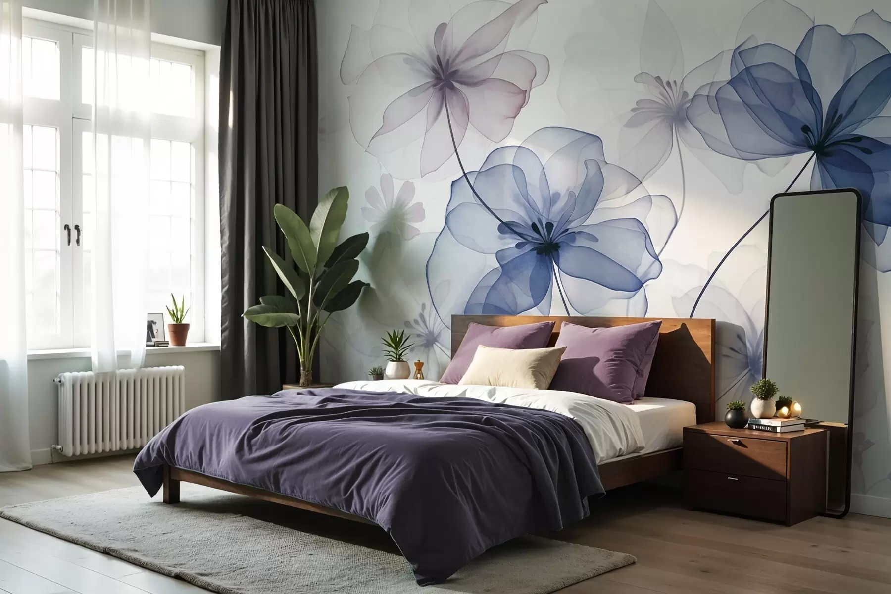 Fotobehang Doorschijnende bloemen met gedempte blauwe en roze bloemblaadjes, lange stelen, lichte achtergrond, zachte kleuren, bloemmotief met textuur w09529v1