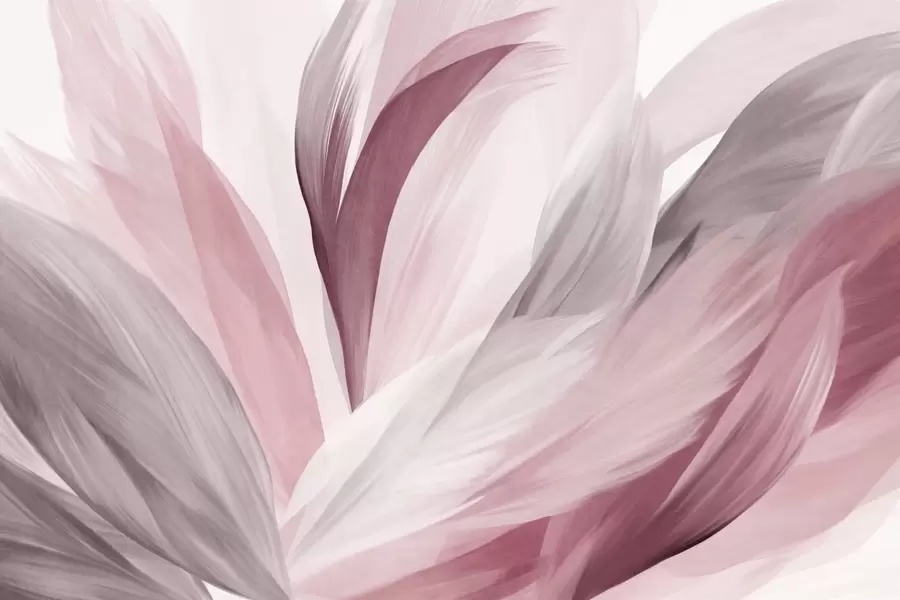 Papier peint photo Plumes abstraites texturées dans les tons rose, blanc, gris et diverses nuances, se superposant sur un fond blanc w09531v2